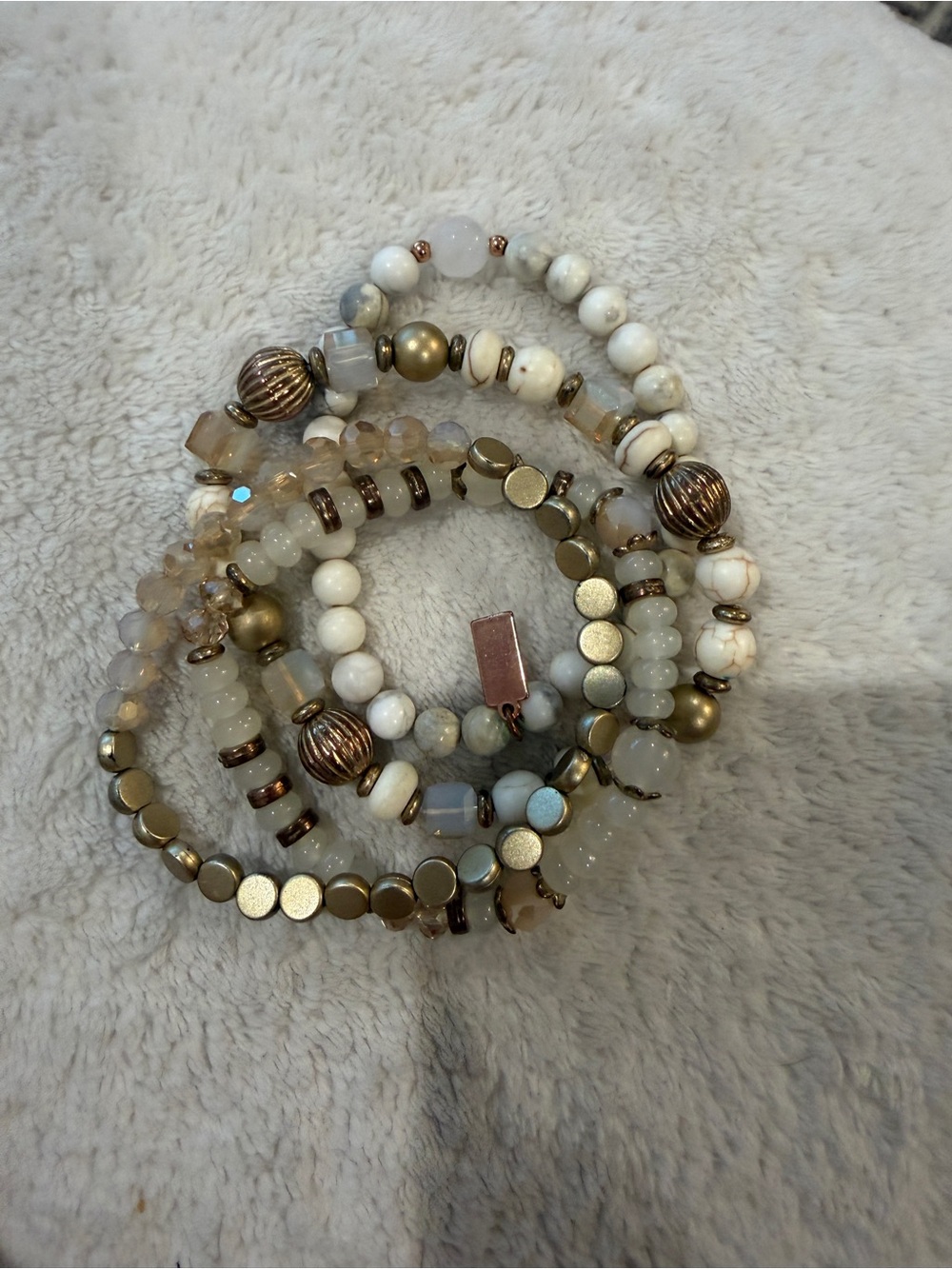 Be Free Creations - Neutral Tone Stretch Beaded Bracelet Set - White & Gold